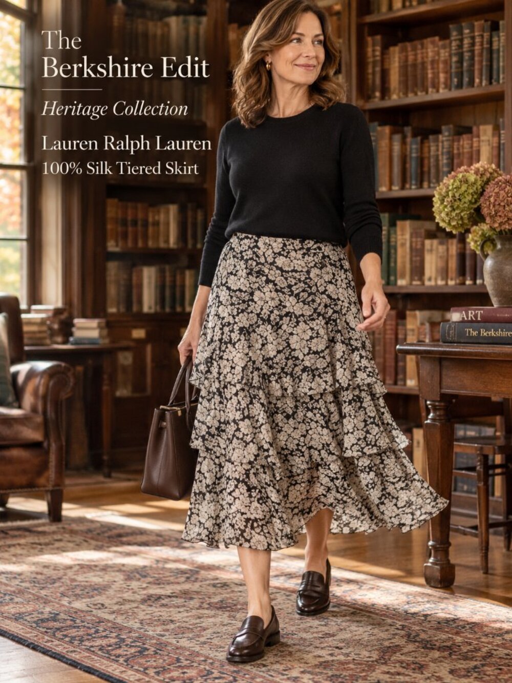 Lauren Ralph Lauren 100% Silk Floral Tiered Ruffle Midi Skirt Black White 12